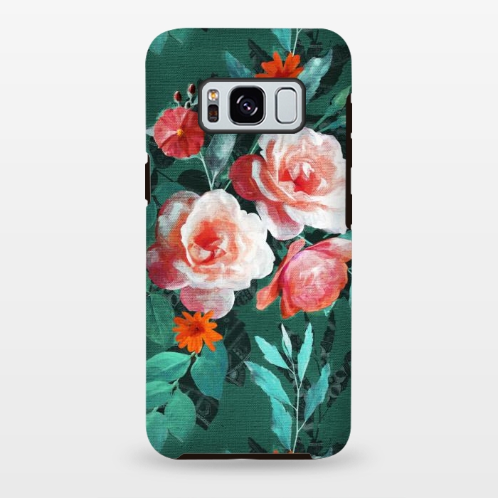 Galaxy S8 plus StrongFit Retro Rose Chintz in Melon Pink on Dark Emerald Green by Micklyn Le Feuvre