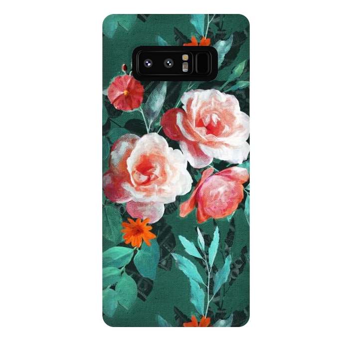 Galaxy Note 8 StrongFit Retro Rose Chintz in Melon Pink on Dark Emerald Green by Micklyn Le Feuvre