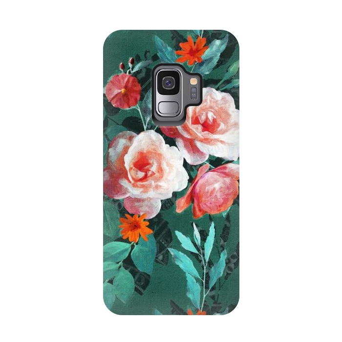 Galaxy S9 StrongFit Retro Rose Chintz in Melon Pink on Dark Emerald Green by Micklyn Le Feuvre