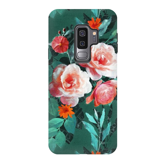 Galaxy S9 plus StrongFit Retro Rose Chintz in Melon Pink on Dark Emerald Green by Micklyn Le Feuvre