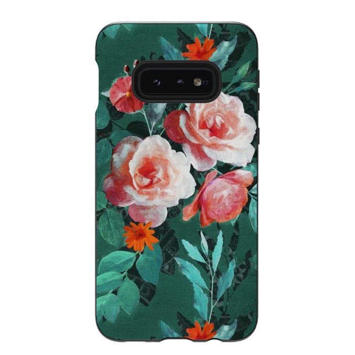 Galaxy S10e StrongFit Retro Rose Chintz in Melon Pink on Dark Emerald Green by Micklyn Le Feuvre