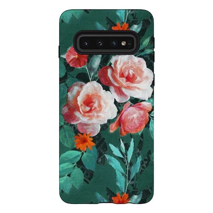 Galaxy S10 StrongFit Retro Rose Chintz in Melon Pink on Dark Emerald Green by Micklyn Le Feuvre