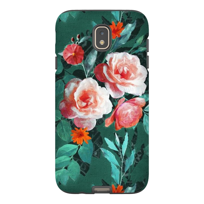 Galaxy J7 StrongFit Retro Rose Chintz in Melon Pink on Dark Emerald Green by Micklyn Le Feuvre