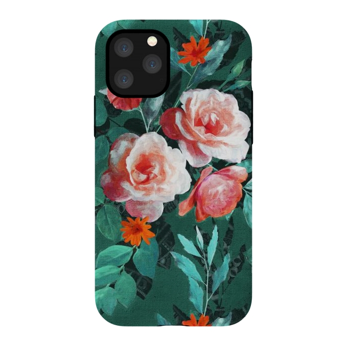iPhone 11 Pro StrongFit Retro Rose Chintz in Melon Pink on Dark Emerald Green by Micklyn Le Feuvre