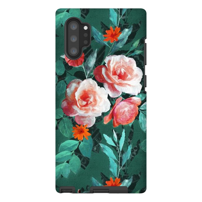 Galaxy Note 10 plus StrongFit Retro Rose Chintz in Melon Pink on Dark Emerald Green by Micklyn Le Feuvre