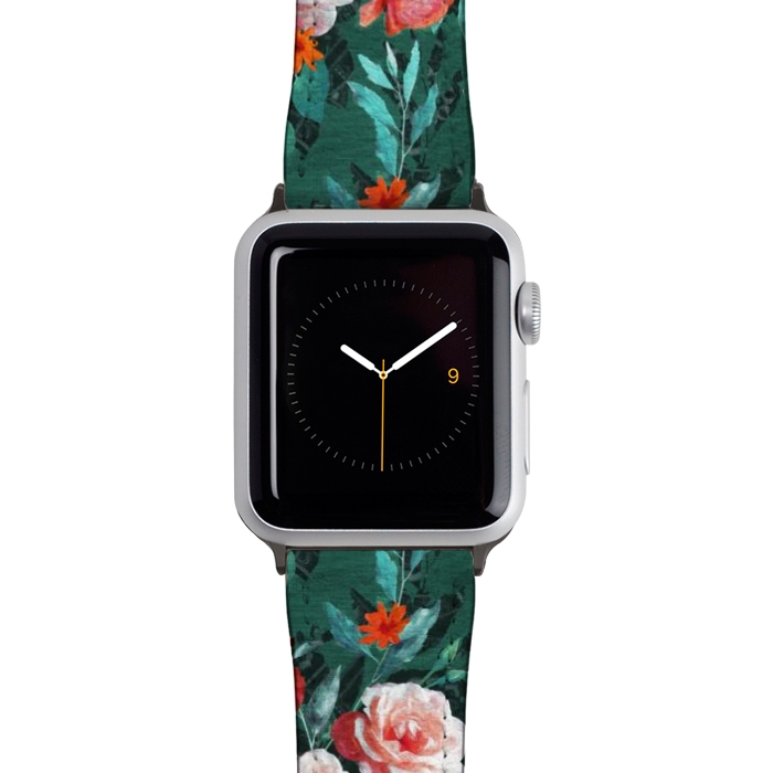 Watch 42mm / 44mm Strap PU leather Retro Rose Chintz in Melon Pink on Dark Emerald Green by Micklyn Le Feuvre