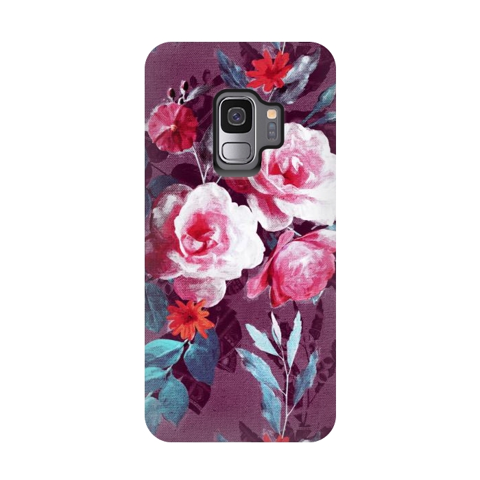 Galaxy S9 StrongFit Retro Rose Chintz in Magenta and Plum by Micklyn Le Feuvre