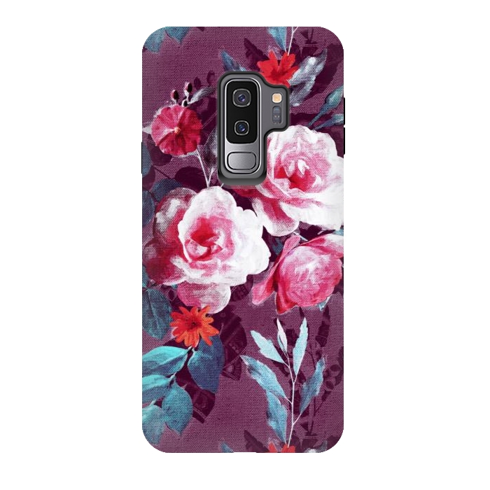 Galaxy S9 plus StrongFit Retro Rose Chintz in Magenta and Plum by Micklyn Le Feuvre