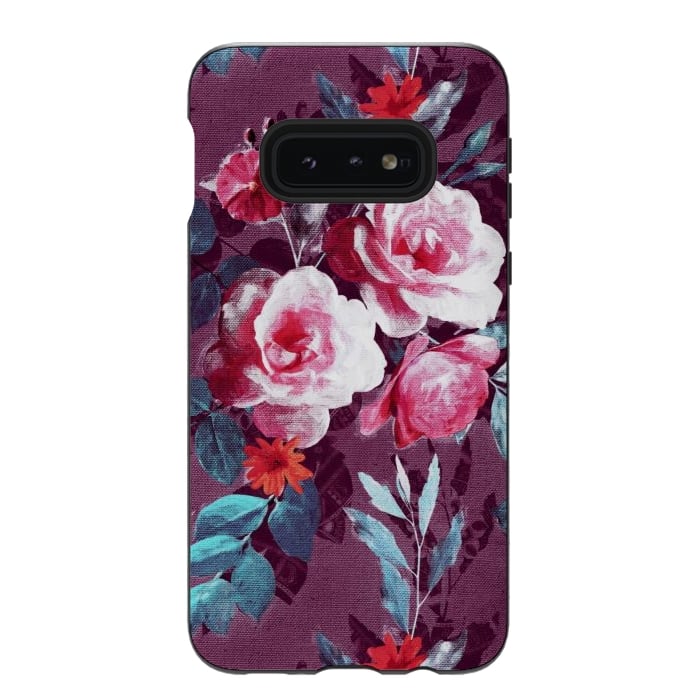 Galaxy S10e StrongFit Retro Rose Chintz in Magenta and Plum by Micklyn Le Feuvre