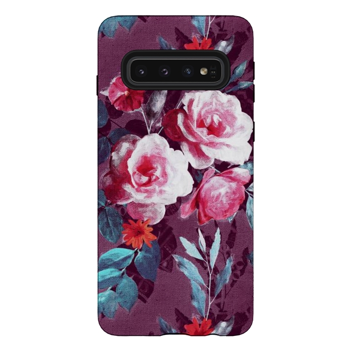 Galaxy S10 StrongFit Retro Rose Chintz in Magenta and Plum by Micklyn Le Feuvre