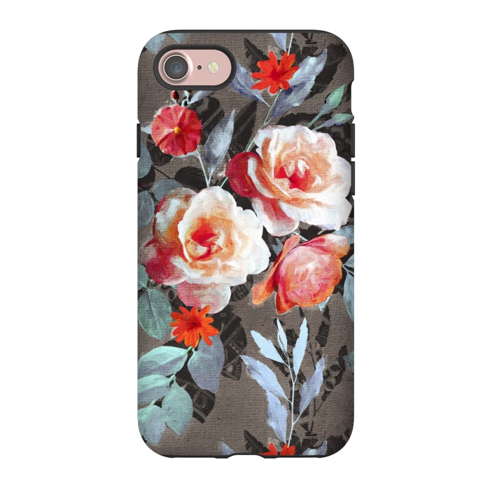iPhone 7 StrongFit Retro Rose Chintz in Scarlet, Peach, Sage and Grey by Micklyn Le Feuvre