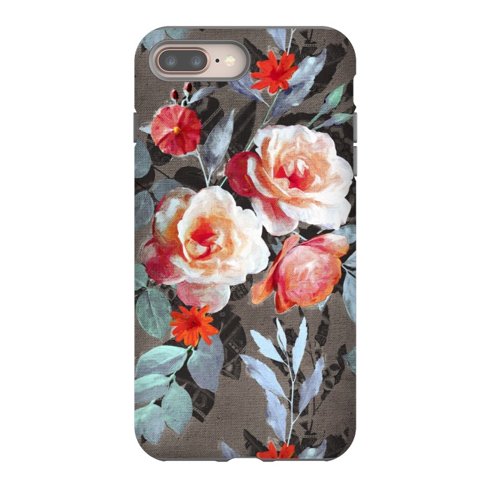 iPhone 7 plus StrongFit Retro Rose Chintz in Scarlet, Peach, Sage and Grey by Micklyn Le Feuvre