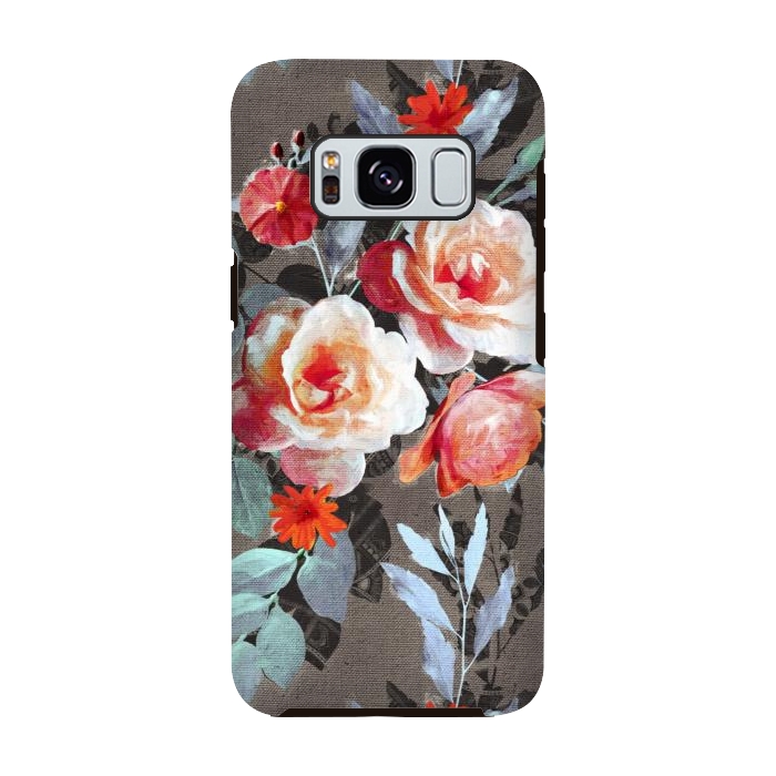 Galaxy S8 StrongFit Retro Rose Chintz in Scarlet, Peach, Sage and Grey by Micklyn Le Feuvre