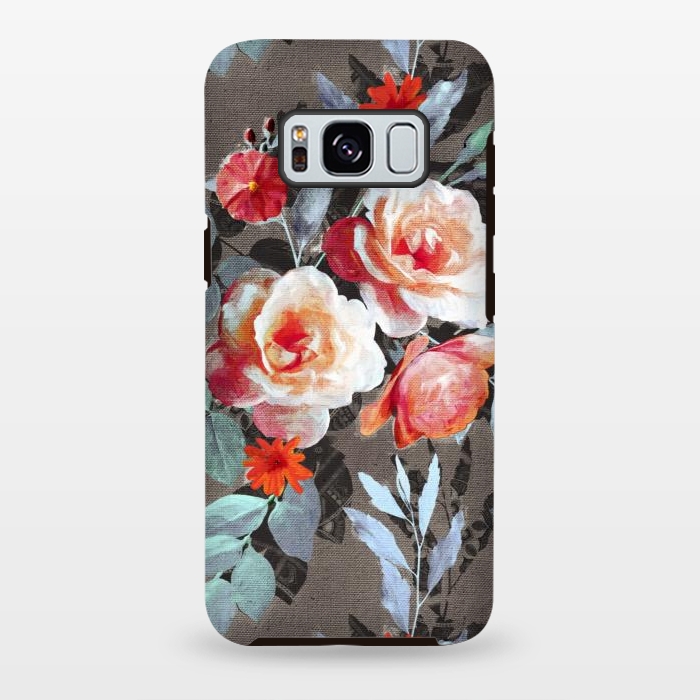 Galaxy S8 plus StrongFit Retro Rose Chintz in Scarlet, Peach, Sage and Grey by Micklyn Le Feuvre