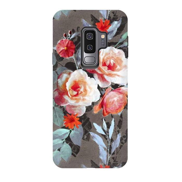 Galaxy S9 plus StrongFit Retro Rose Chintz in Scarlet, Peach, Sage and Grey by Micklyn Le Feuvre