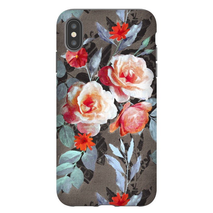 iPhone Xs Max StrongFit Retro Rose Chintz in Scarlet, Peach, Sage and Grey by Micklyn Le Feuvre