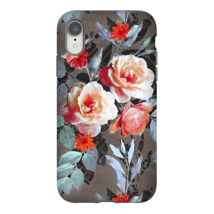 iPhone Xr StrongFit Retro Rose Chintz in Scarlet, Peach, Sage and Grey by Micklyn Le Feuvre