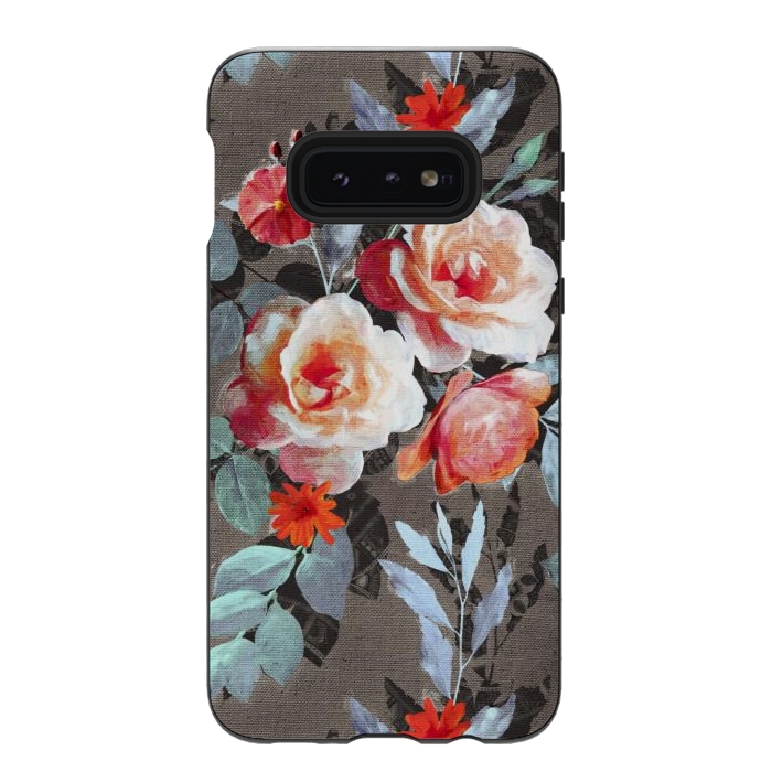 Galaxy S10e StrongFit Retro Rose Chintz in Scarlet, Peach, Sage and Grey by Micklyn Le Feuvre