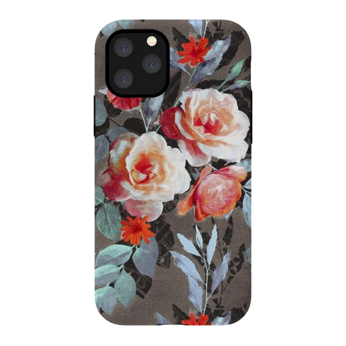 iPhone 11 Pro StrongFit Retro Rose Chintz in Scarlet, Peach, Sage and Grey by Micklyn Le Feuvre
