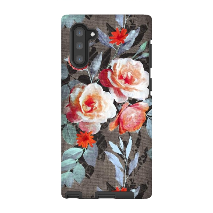 Galaxy Note 10 StrongFit Retro Rose Chintz in Scarlet, Peach, Sage and Grey by Micklyn Le Feuvre