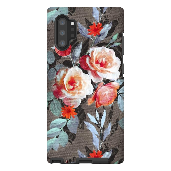 Galaxy Note 10 plus StrongFit Retro Rose Chintz in Scarlet, Peach, Sage and Grey by Micklyn Le Feuvre