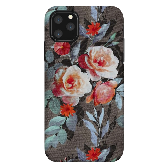 iPhone 11 Pro Max StrongFit Retro Rose Chintz in Scarlet, Peach, Sage and Grey by Micklyn Le Feuvre