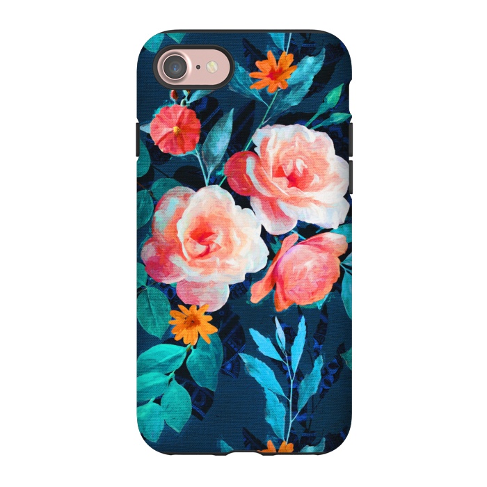 iPhone 7 StrongFit Retro Rose Chintz in Bright Coral and Peach on Indigo Blue by Micklyn Le Feuvre
