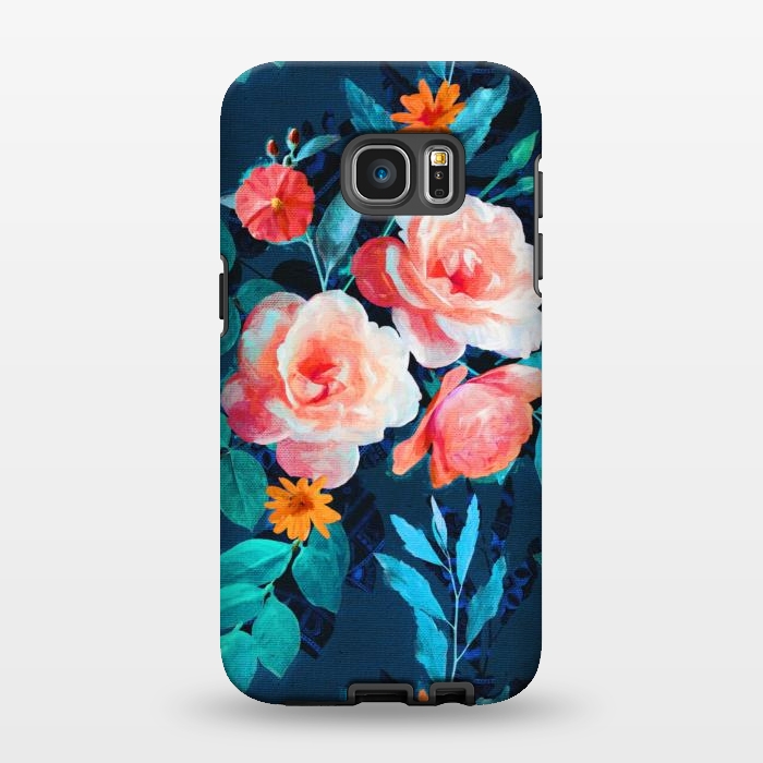 Galaxy S7 EDGE StrongFit Retro Rose Chintz in Bright Coral and Peach on Indigo Blue by Micklyn Le Feuvre