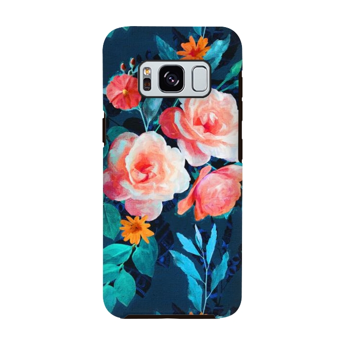 Galaxy S8 StrongFit Retro Rose Chintz in Bright Coral and Peach on Indigo Blue by Micklyn Le Feuvre