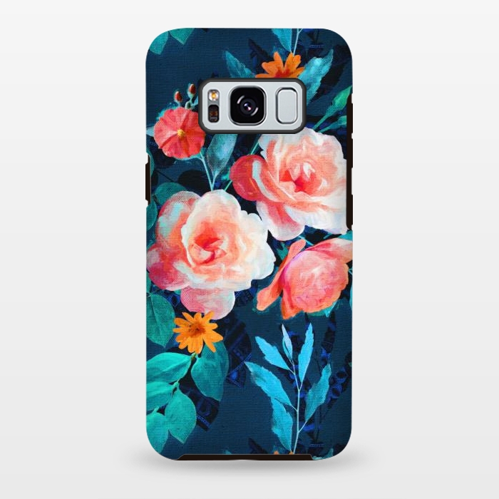 Galaxy S8 plus StrongFit Retro Rose Chintz in Bright Coral and Peach on Indigo Blue by Micklyn Le Feuvre