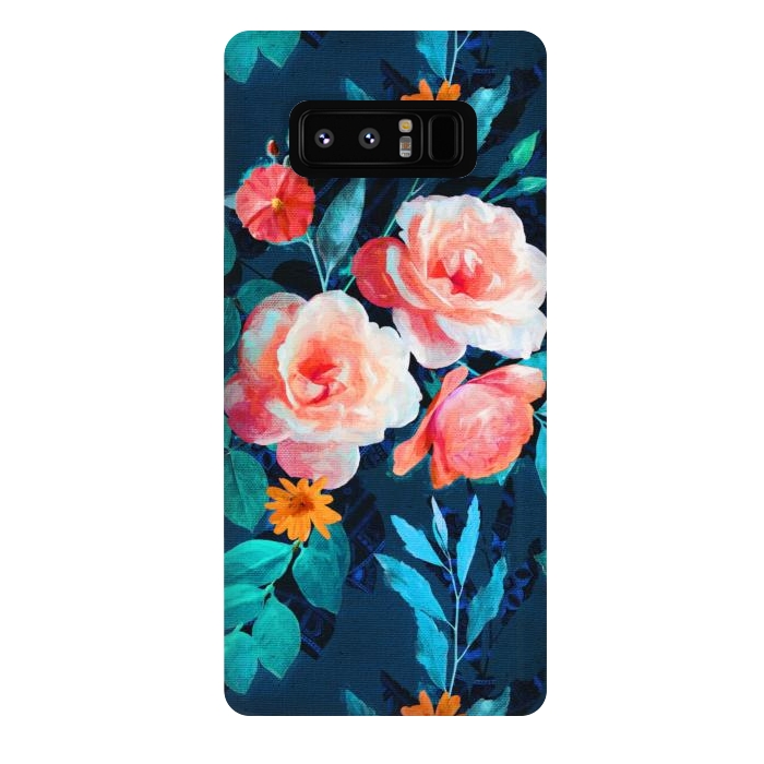 Galaxy Note 8 StrongFit Retro Rose Chintz in Bright Coral and Peach on Indigo Blue by Micklyn Le Feuvre