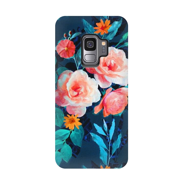 Galaxy S9 StrongFit Retro Rose Chintz in Bright Coral and Peach on Indigo Blue by Micklyn Le Feuvre