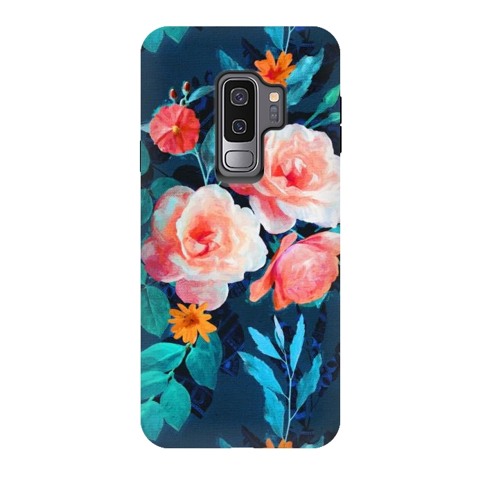 Galaxy S9 plus StrongFit Retro Rose Chintz in Bright Coral and Peach on Indigo Blue by Micklyn Le Feuvre