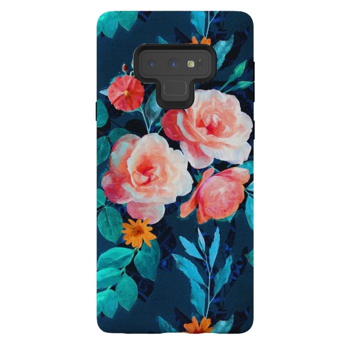 Galaxy Note 9 StrongFit Retro Rose Chintz in Bright Coral and Peach on Indigo Blue by Micklyn Le Feuvre