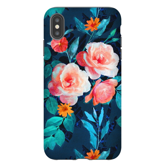 iPhone Xs Max StrongFit Retro Rose Chintz in Bright Coral and Peach on Indigo Blue by Micklyn Le Feuvre