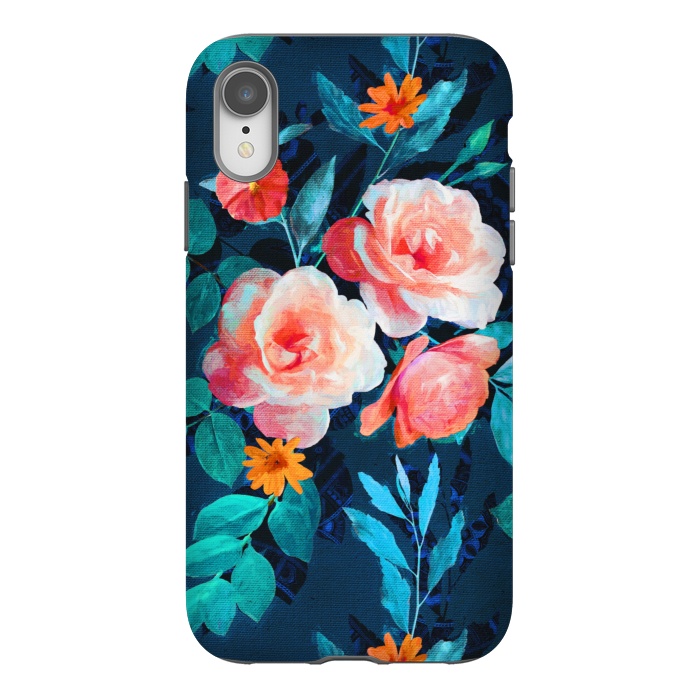 iPhone Xr StrongFit Retro Rose Chintz in Bright Coral and Peach on Indigo Blue by Micklyn Le Feuvre