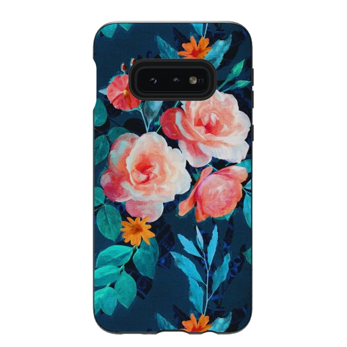 Galaxy S10e StrongFit Retro Rose Chintz in Bright Coral and Peach on Indigo Blue by Micklyn Le Feuvre