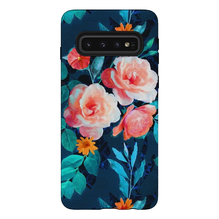 Galaxy S10 StrongFit Retro Rose Chintz in Bright Coral and Peach on Indigo Blue by Micklyn Le Feuvre