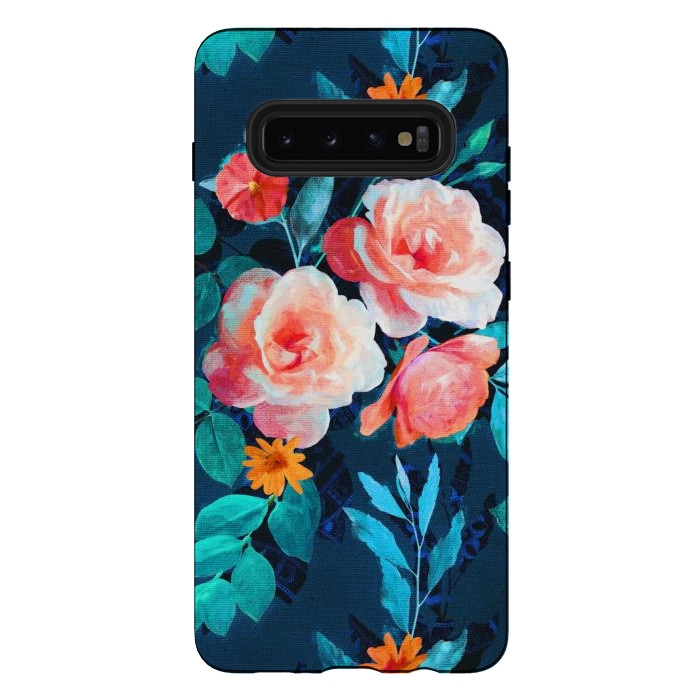Galaxy S10 plus StrongFit Retro Rose Chintz in Bright Coral and Peach on Indigo Blue by Micklyn Le Feuvre