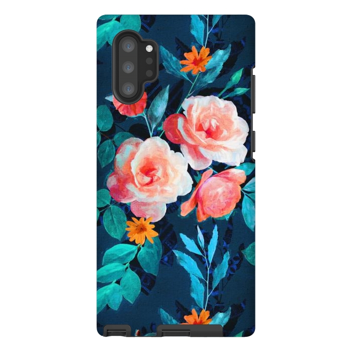 Galaxy Note 10 plus StrongFit Retro Rose Chintz in Bright Coral and Peach on Indigo Blue by Micklyn Le Feuvre