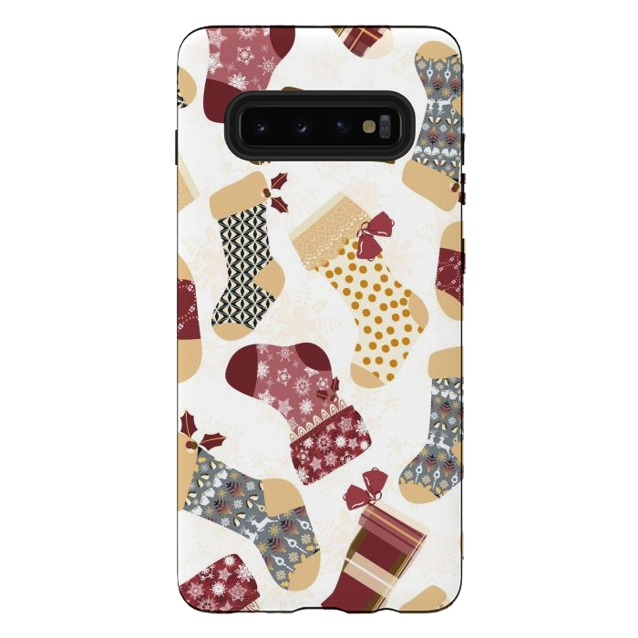 Galaxy S10 plus StrongFit Christmas Stockings in Red and Gray by Paula Ohreen