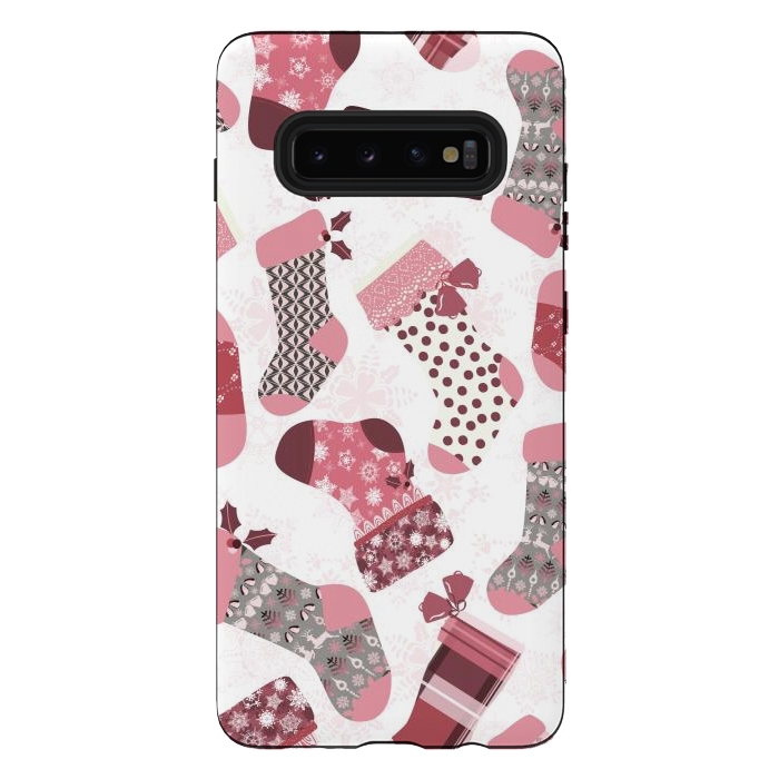 Galaxy S10 plus StrongFit Christmas Stockings in Pink and Gray by Paula Ohreen