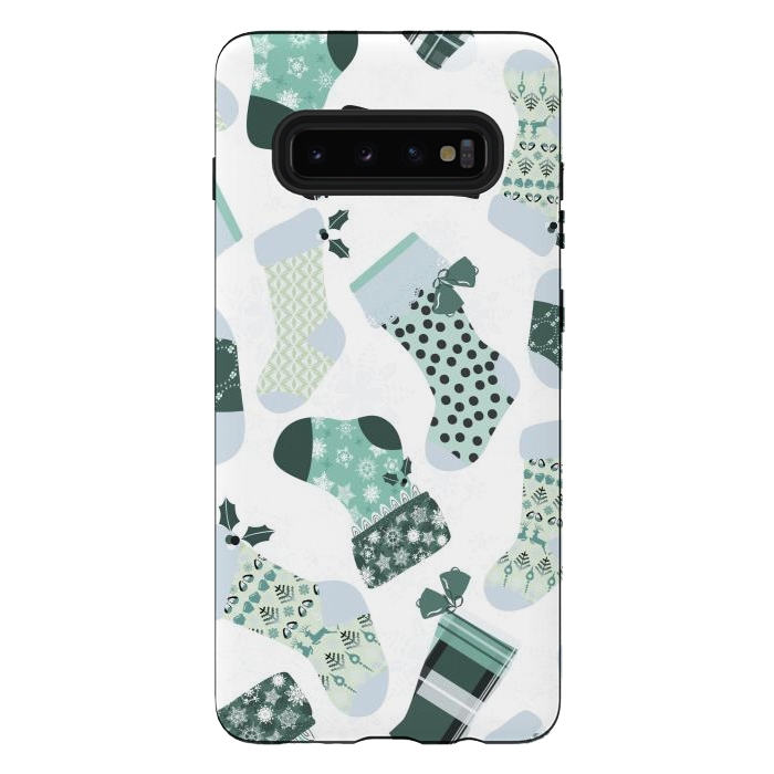 Galaxy S10 plus StrongFit Christmas Stockings in Green and White by Paula Ohreen