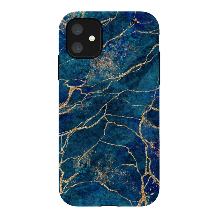 iPhone 11 StrongFit Blue Marble with Gold Glitter Veins Fake Stone Texture by ArtsCase