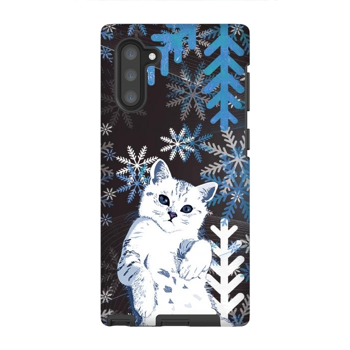 Galaxy Note 10 StrongFit Cute kitty with blue metallic snowflakes by Oana 