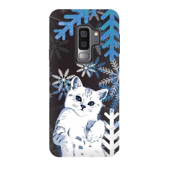 Galaxy S9 plus StrongFit Cute kitty with blue metallic snowflakes by Oana 