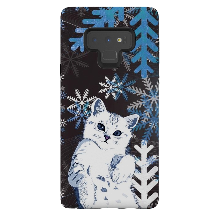 Galaxy Note 9 StrongFit Cute kitty with blue metallic snowflakes by Oana 