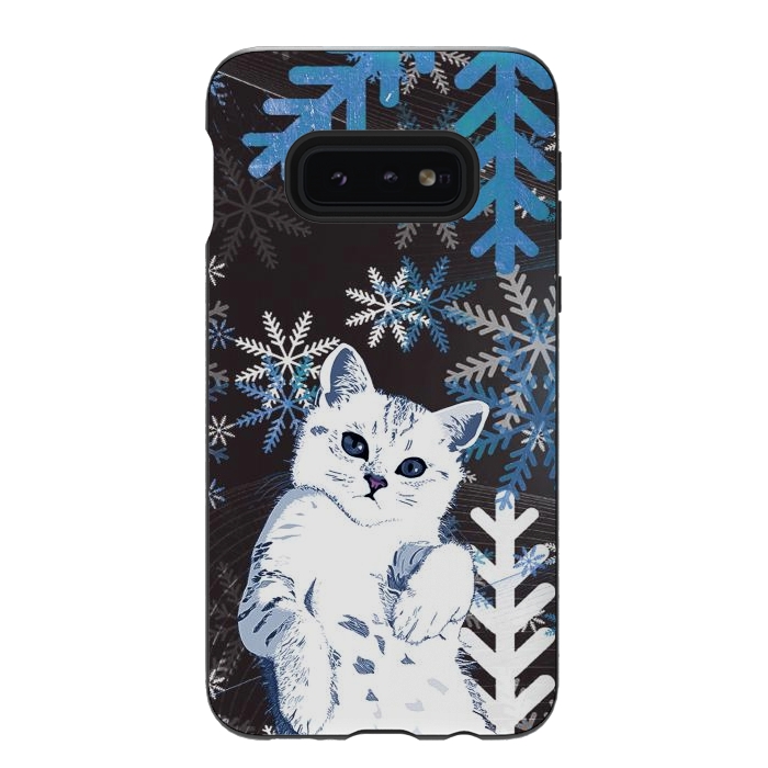 Galaxy S10e StrongFit Cute kitty with blue metallic snowflakes by Oana 
