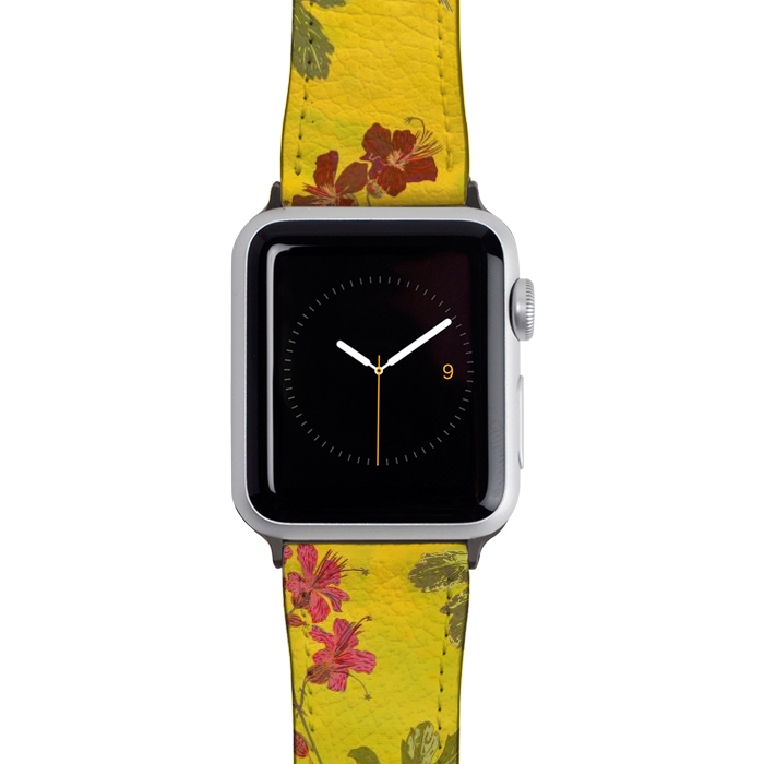 Watch 42mm / 44mm Strap PU leather Cottage Garden Floral Yellow by Lotti Brown