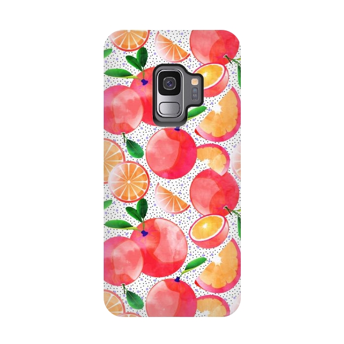 Galaxy S9 StrongFit Citrus Tropical | Juicy Fruits Polka Dots | Food Orange Grapefruit Pink Watercolor Botanica by Uma Prabhakar Gokhale